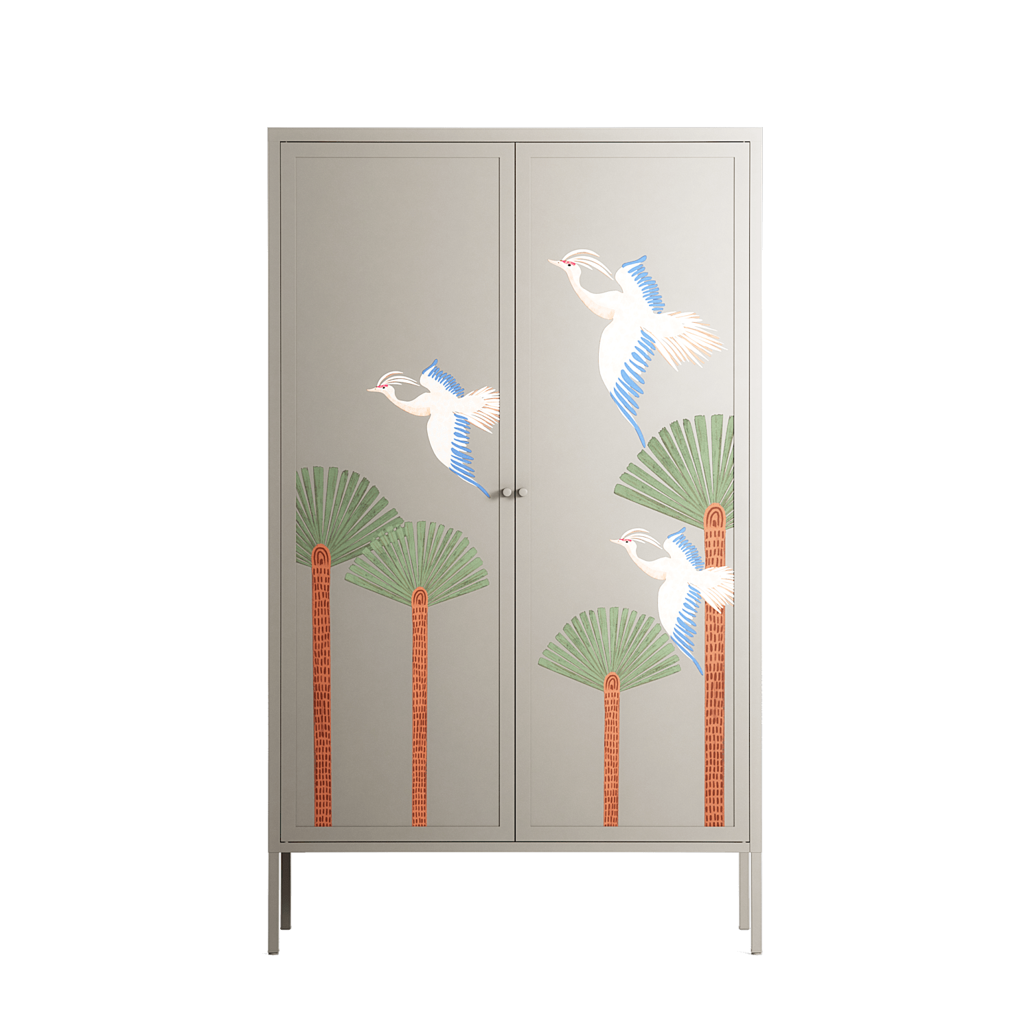 Abstract Cranes And Palms - Cabinet - Raissa Oltmanns - Pebble - Overlay Metal