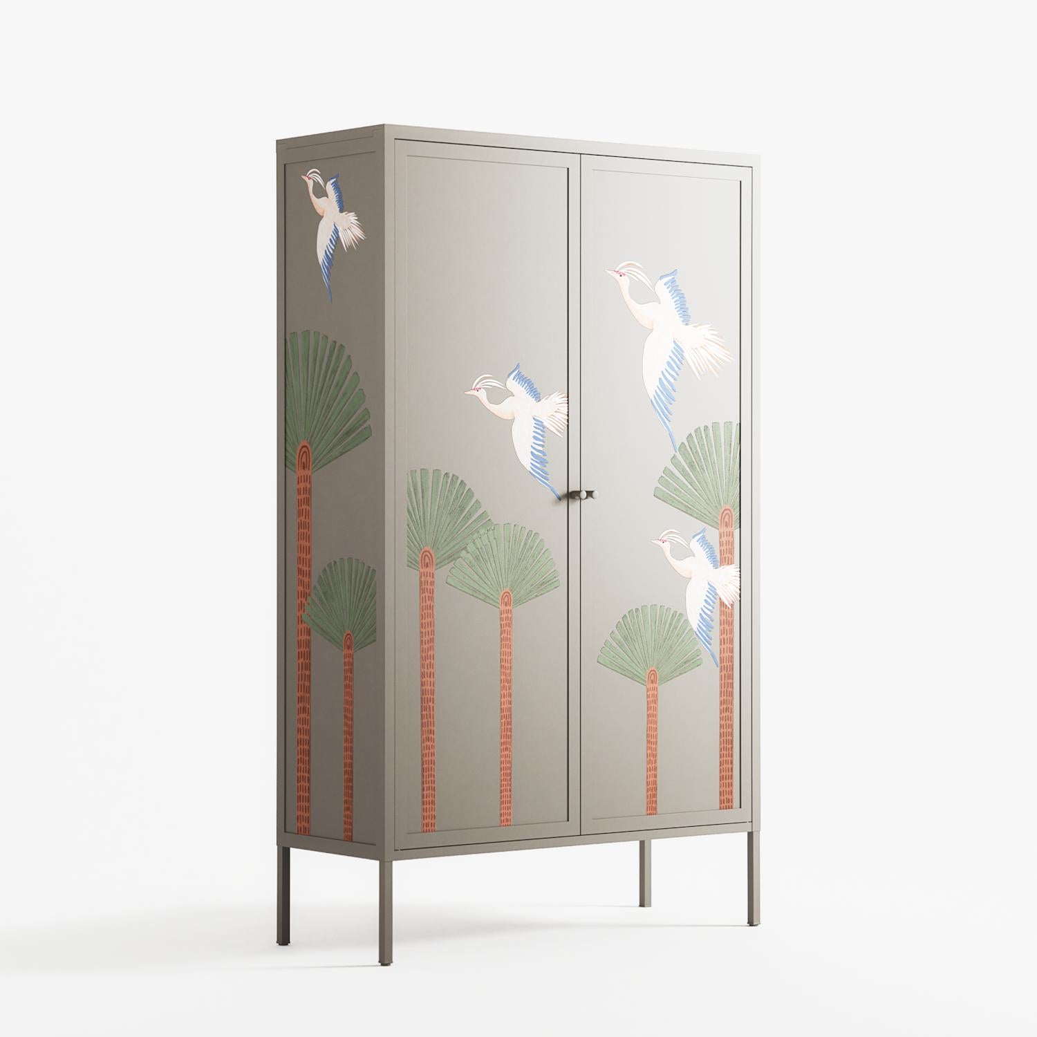 Abstract Cranes And Palms - Cabinet - Raissa Oltmanns - Pebble - Overlay Metal
