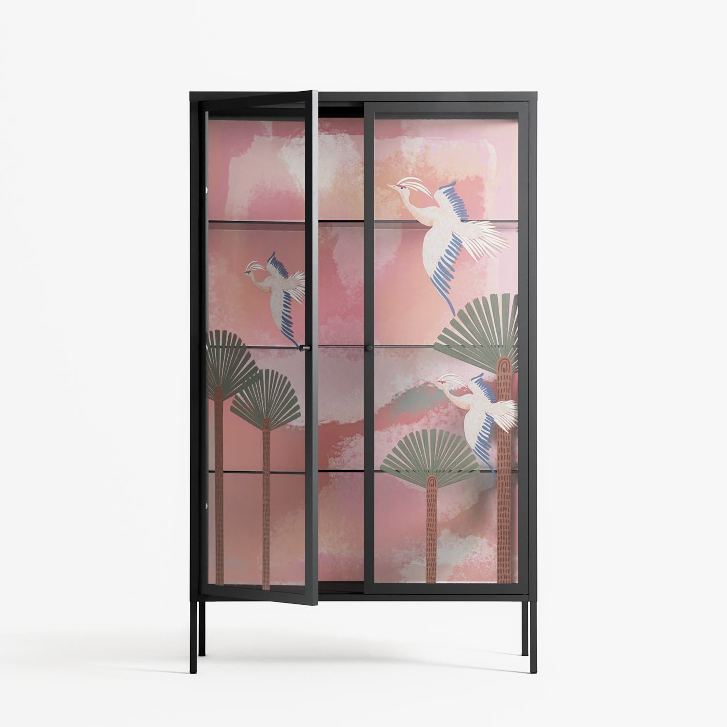 Abstract Cranes And Palms - Cabinet - Raissa Oltmanns - Antracite - Overlay Glass