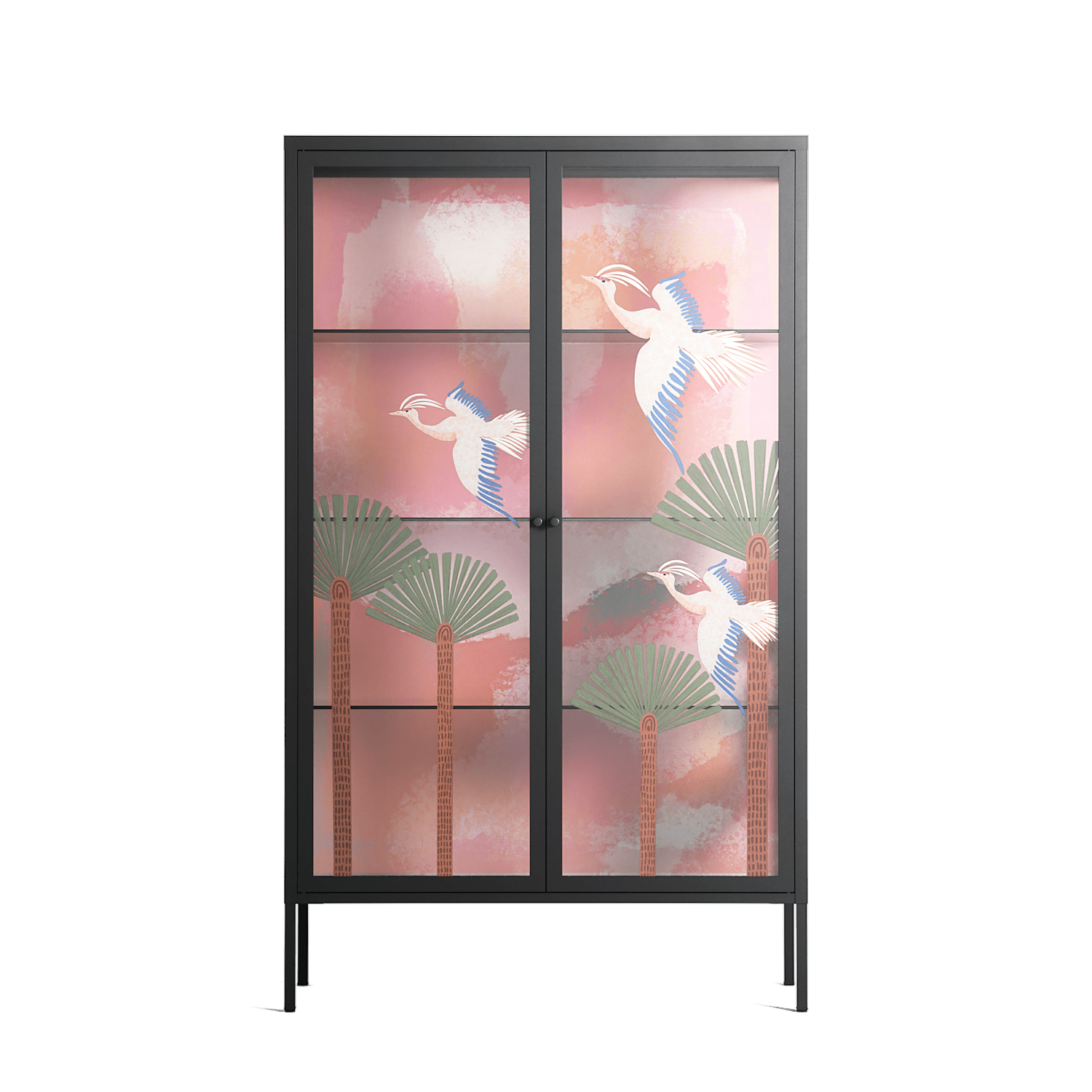 Abstract Cranes And Palms - Cabinet - Raissa Oltmanns - Antracite - Overlay Glass