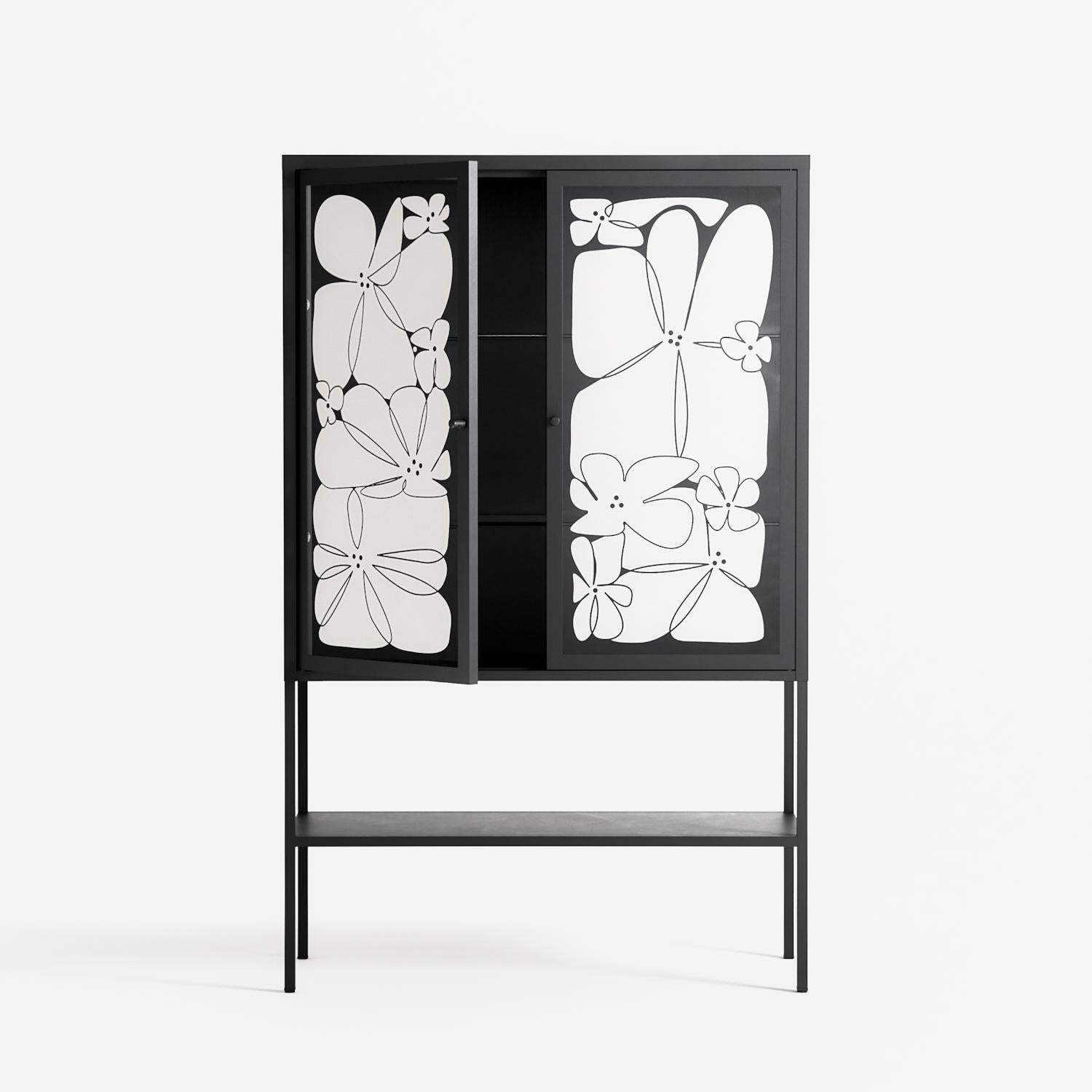 White Flowers - Loft Cabinet - Konrad Blaszczyk - Antracite - Overlay Glass