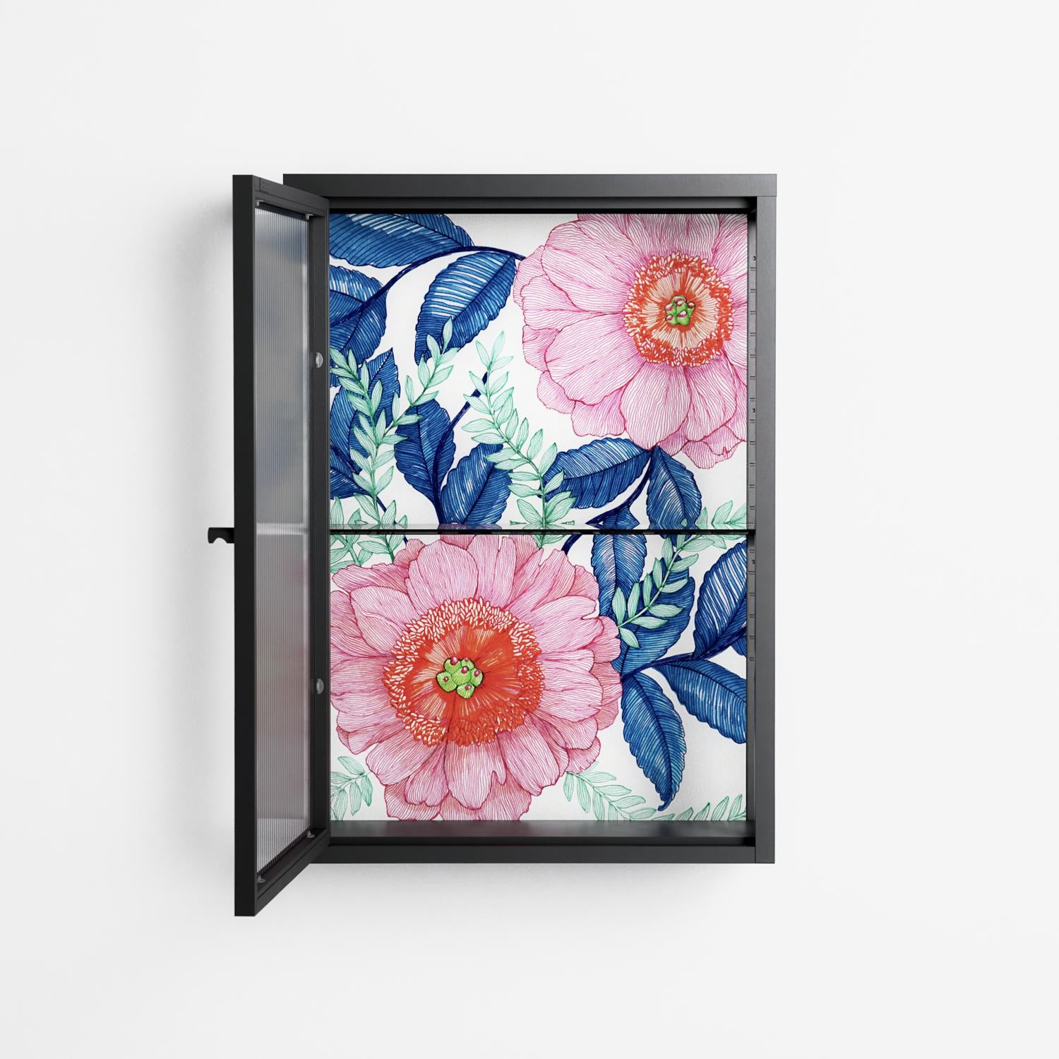 Pink Anemones - Wall Cabinet - Katie O’Shea - Antracite - Reeded glass