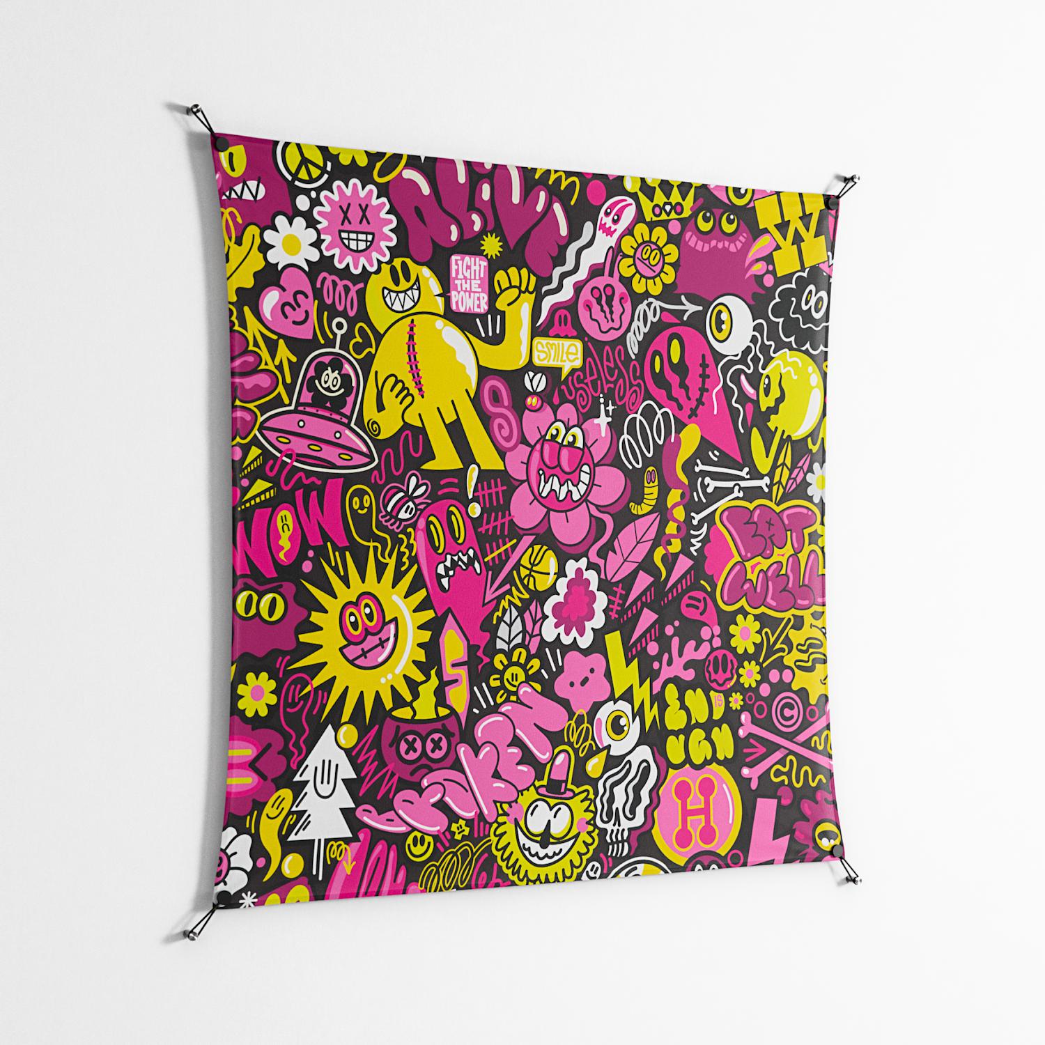 Pinky & Yellow - Work On Wall - Craig Watkins - Black - 140 x 140 cm