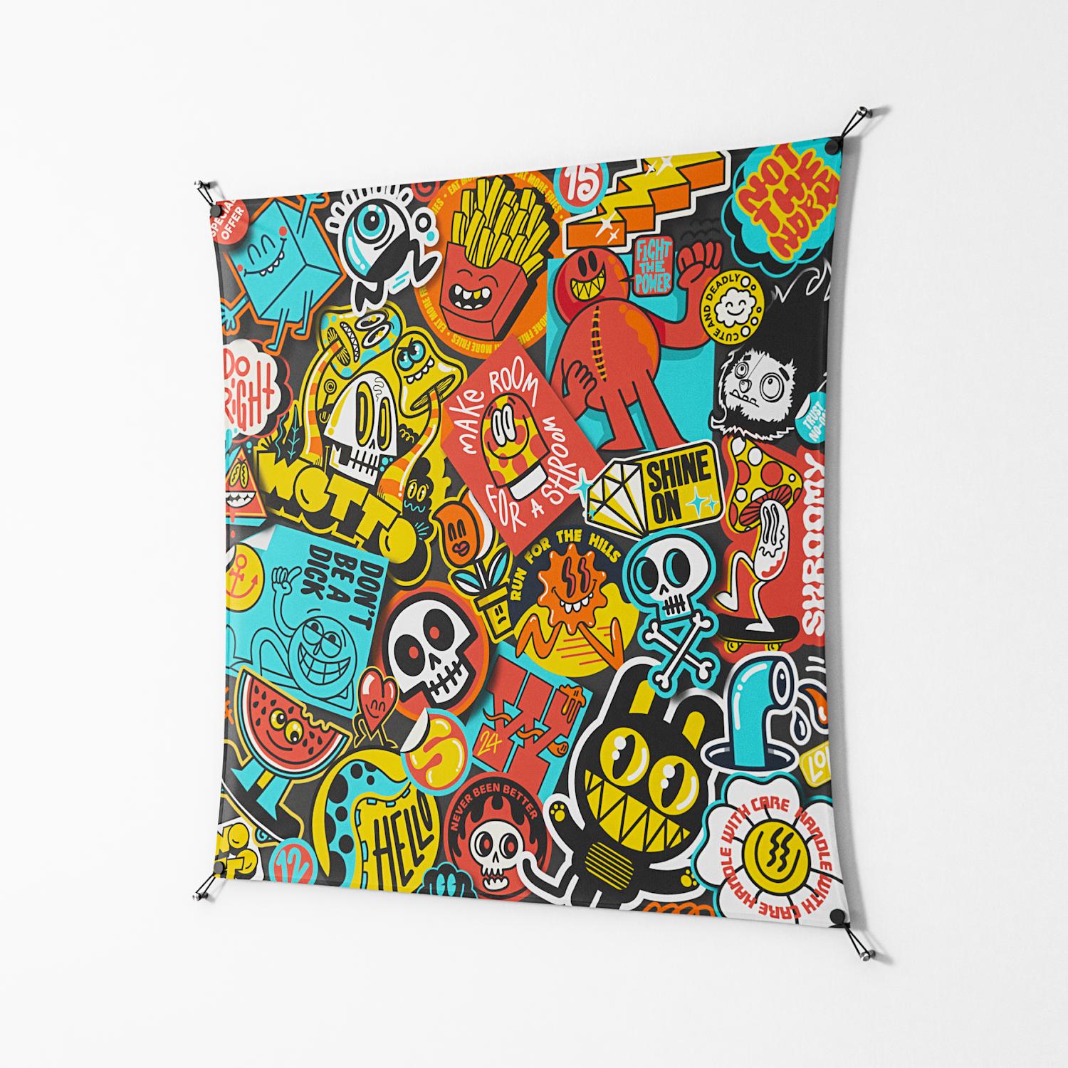 All The Stickers - Work On Wall - Craig Watkins - Black - 140 x 140 cm