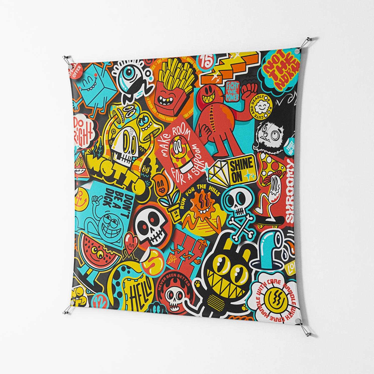 All The Stickers - Work On Wall - Craig Watkins - Silver - 140 x 140 cm