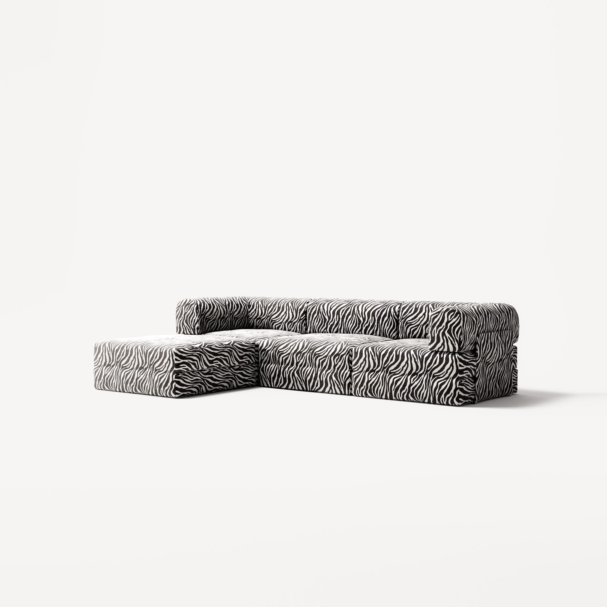 LUNA - 3 Seater with chaise lounge - Left - Chenille Jacquard Zebra Black White