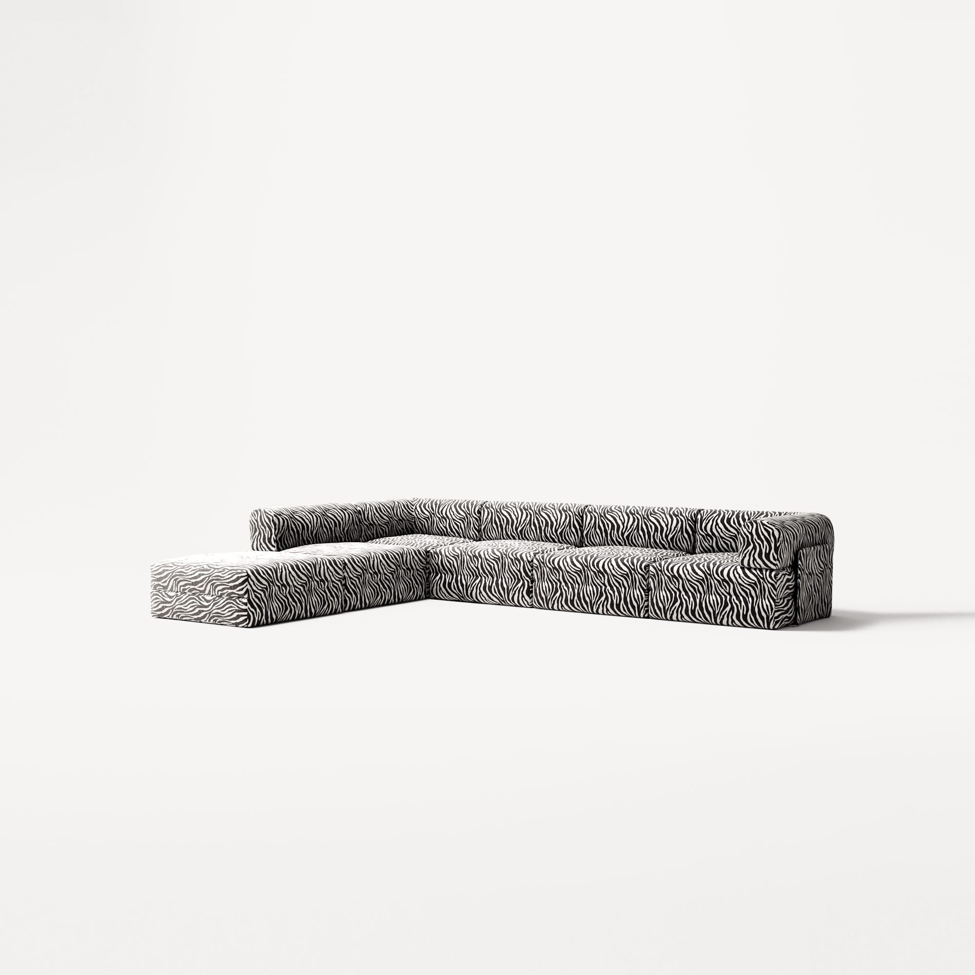 LUNA - 5 Seat corner with open end - Left - Chenille Jacquard Zebra Black White