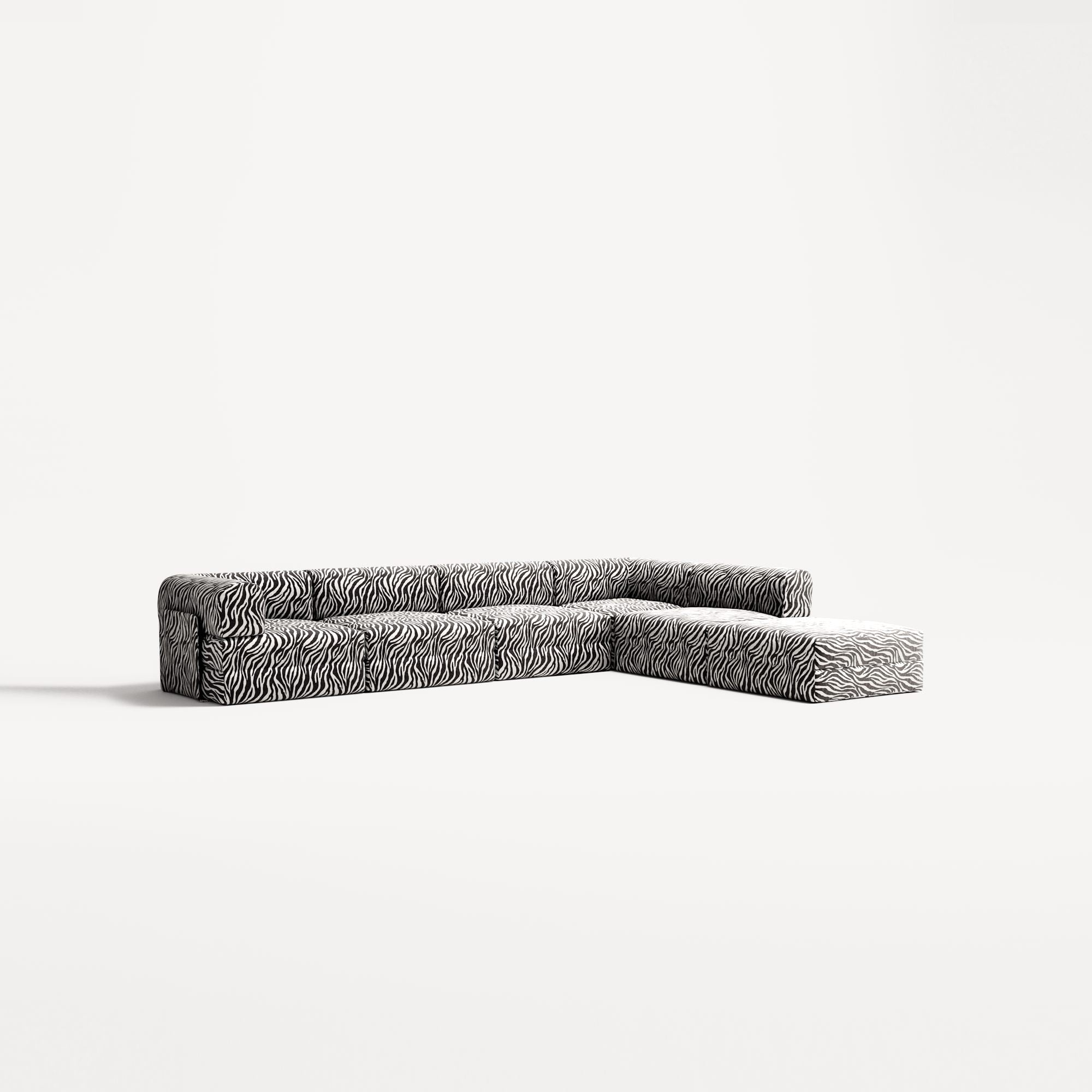 LUNA - 5 Seat corner with open end - Right - Chenille Jacquard Zebra Black White