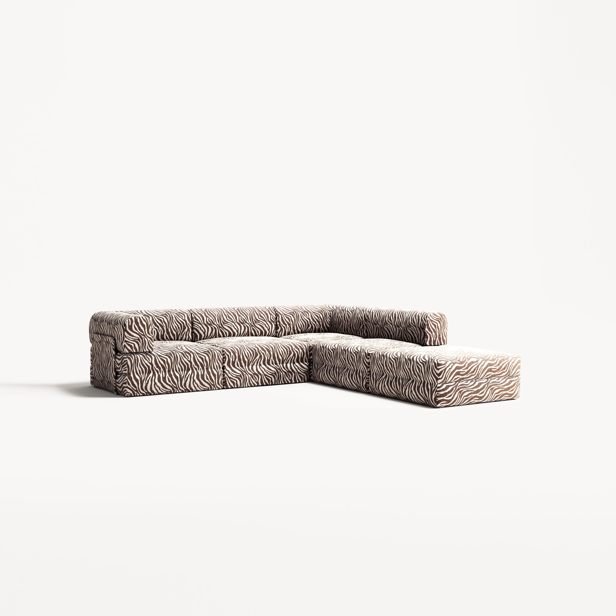 LUNA - 4 Seat corner sofa with open end - Right - Chenille Jacquard Zebra Brown White
