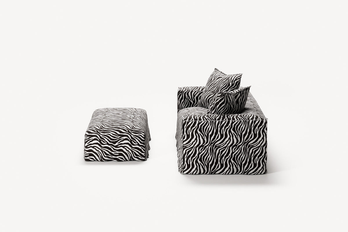 NOMAD - 2 Seater with Pouf - Chenille Jacquard Zebra Black White