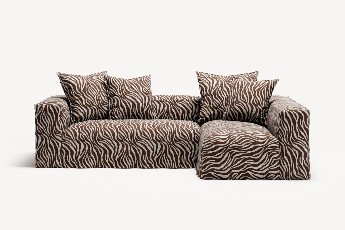 NOMAD - 3 Seater with Chaise Lounge - Right - Chenille Jacquard Zebra Brown White